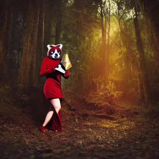 Image similar to woman dress as redpanda, cinematic lighting, various refining methods, micro macro autofocus, ultra definition, award winning photo