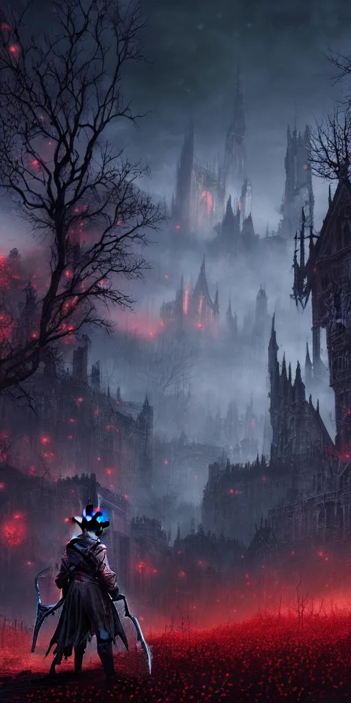 Image similar to populated bloodborne old valley with a dark person at the centre and a ruined gothic city in the background, trees and stars in the background, falling red petals, epic red - orange moonlight, perfect lightning, wallpaper illustration by niko delort and kentaro miura, 4 k, ultra realistic