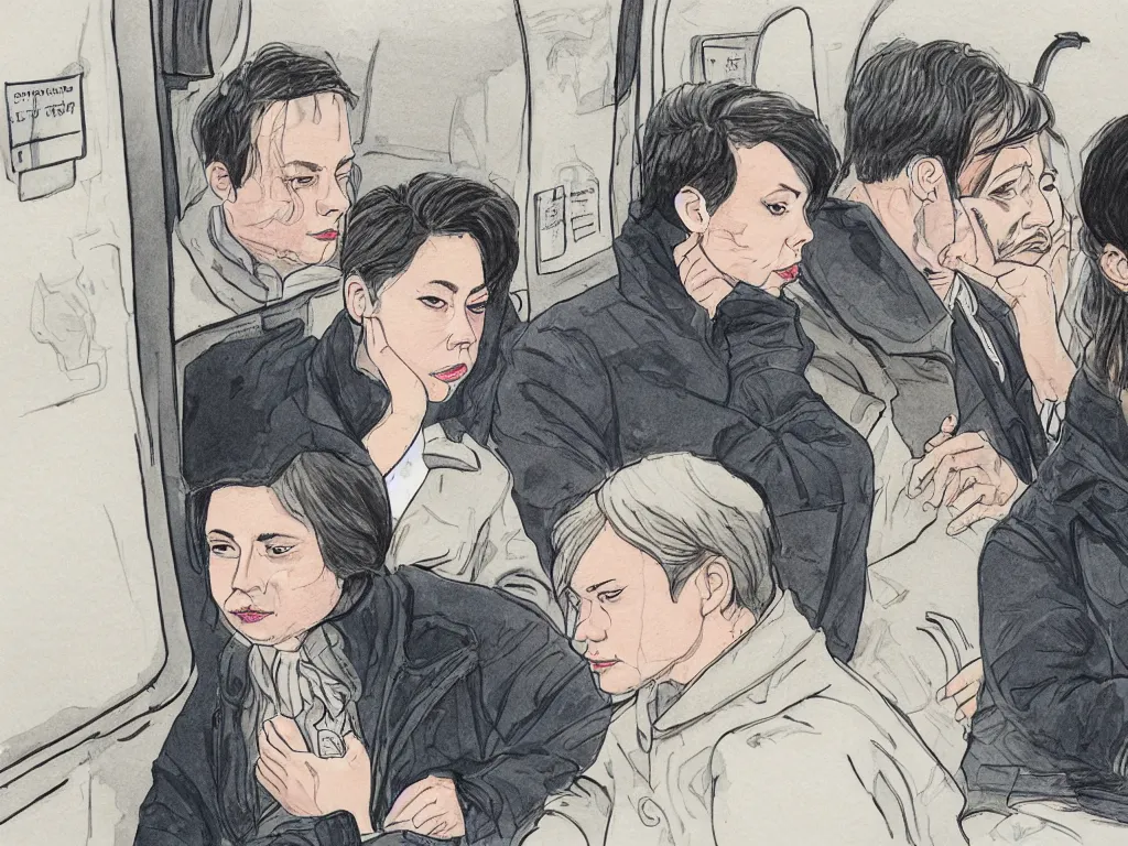 Prompt: a tight detailed ink and watercolor drawing in the style of Adrian Tomine, 3/4 low view close shot of two people sitting in a Chicago subway train: a sad Aubrey Plaza in a parka and a friendly Mads Mikkelsen in a suit