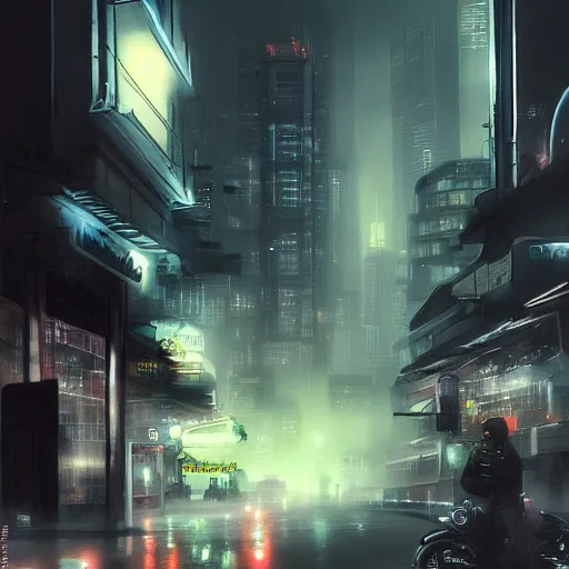 Prompt: street with motorbike speeding, cyberpunk, by stephan martiniere, night, foggy, detailed