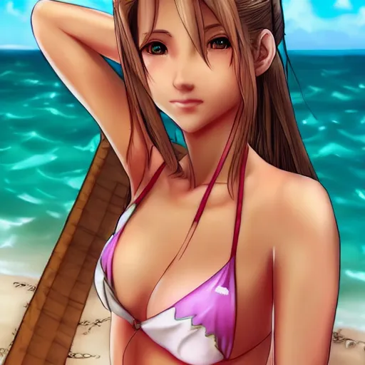 Prompt: beautiful aerith from final fantasy in a bikini on the beach making eye contact drawn by keith garvey