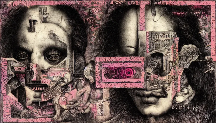 Image similar to post - punk new age album cover, asymmetrical design, dollar bank notes, capitalism, magic, apocalypse, psychedelic, black white pink, magic, giger h. r., giuseppe arcimboldo