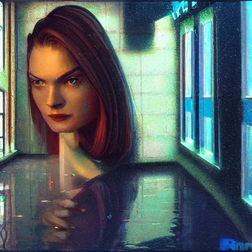 Image similar to detailed face of a woman, moment, cyberpunk cloisters, electronic billboards, tech noir, wet reflections, prism, atmospheric, ambient, pj crook, syd mead, livia prima, greg rutkowski, edward hopper