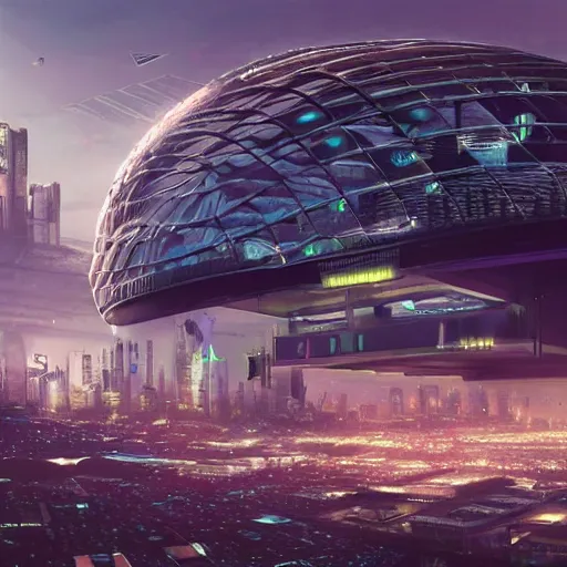 Prompt: a huge futuristic stadium for gladatior combat with a forcefield dome floating above a cyberpunk city, hexagonal shaped, elegant architecture, modern, epic light, elegant, artstation, intricate, highly detailed, ultra realist, hd, digital painting, soft light