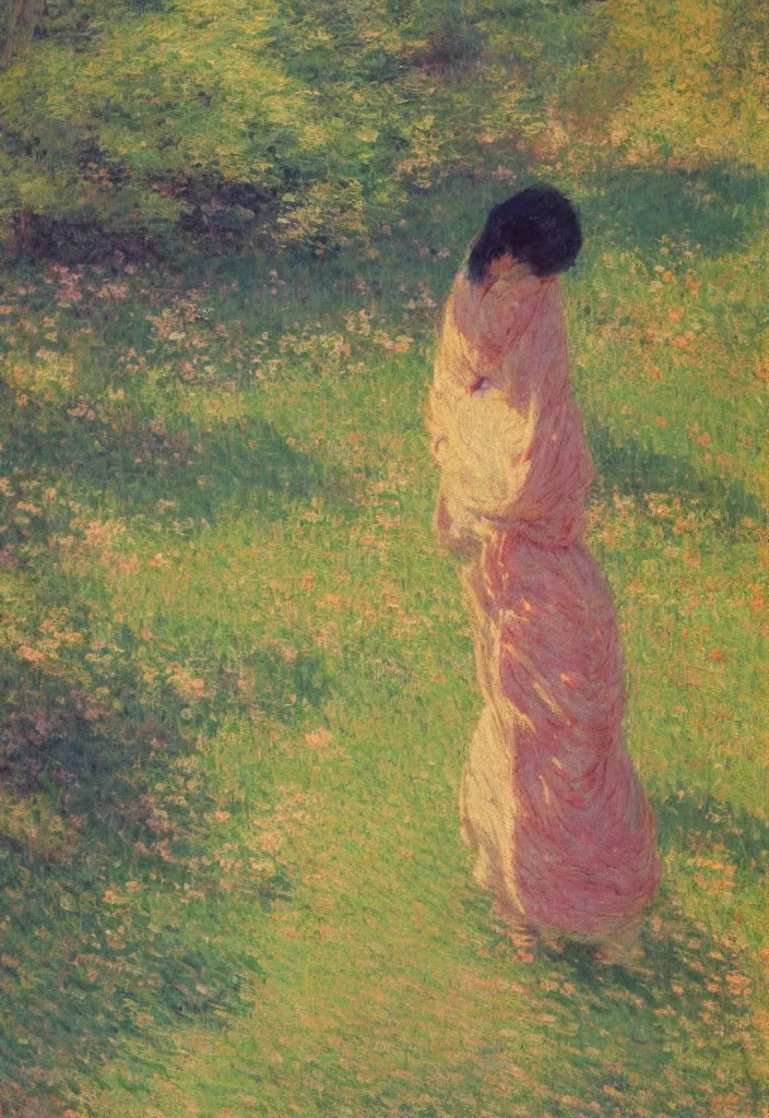 Image similar to tiny character in front of a beautiful japanese inaka landscape, amazing ryokan, lofi vibe, vivide colors, amazing light, really beautiful nature, oil painting, impressionist style, by jeremy lipkin, by claude monet, by ghibli, kandinsky touches, multiple brush strokes, masterpiece