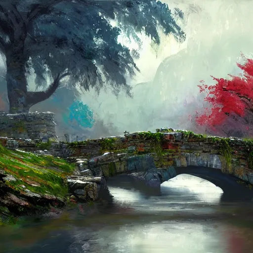 Image similar to acrylic painting, impressionism and expressionism, bold colors, expressive brushstrokes. a stone bridge over a river in riverwood, skyrim. raining. wide - angle shot. overcast. springtime. fantasy art by wadim kashin, cgsociety, nature art
