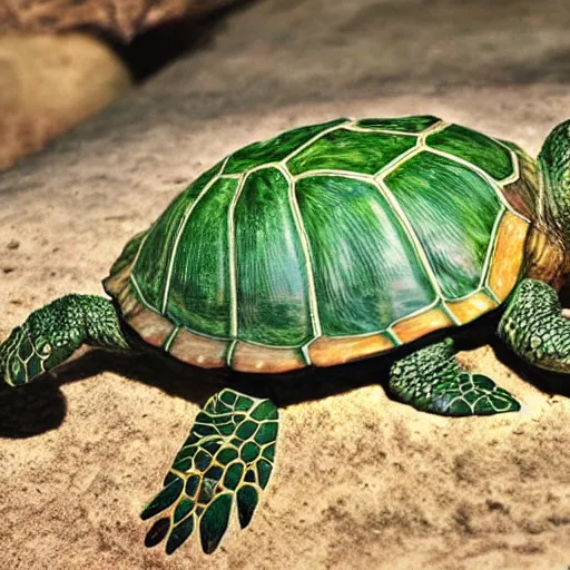 Prompt: highly detailed , photo realistic image , of a turtle , with many types of plant and insect life growing and riding on its shell