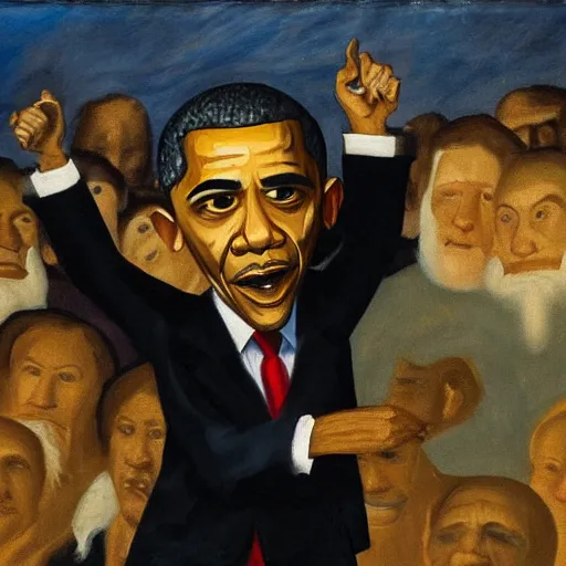 Image similar to obama shouting on skrik munch's painting, museum masterpiece, worth a lot, sothebys