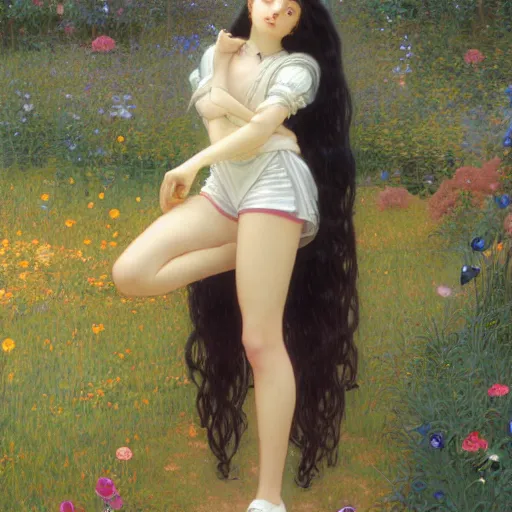 Image similar to A young woman with black long hair and ponytail hairstyle in shorts and white shirt and chucks drawn by Donato Giancola and Makoto Shinkai, Edmund Leighton, Alphonse Mucha, background by James Jean and Gustav Klimt, 4k, porcelain skin, volumetric lighting, komorebi, french nouveau, trending on artstation, octane render, hyperrealistic