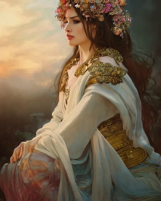 Image similar to a beautiful close up portrait of a sorceress sitting with elegant looks, flowing robe, ornate and flowing, intricate and soft by ruan jia, tom bagshaw, alphonse mucha, krenz cushart, beautiful roman architectural ruins in the background, epic sky, vray render, artstation, deviantart, pinterest, 5 0 0 px models