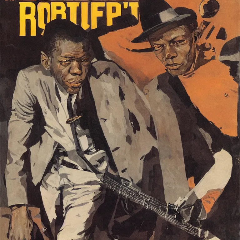 Image similar to scifi portrait of Robert Johnson by Robert McGinnis, pulp comic style, circa 1958, photorealism