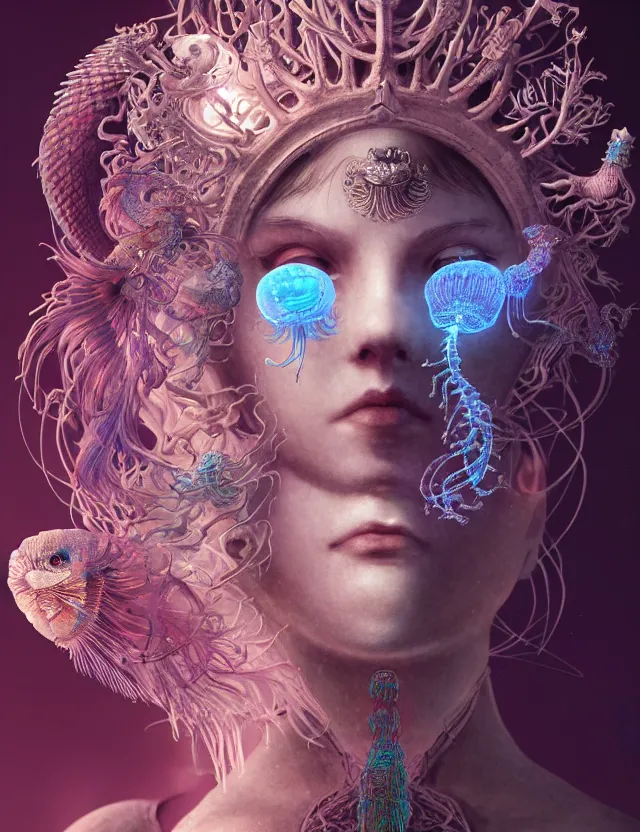 Image similar to goddess macro close - up portrait with crown made of ram skull. phoenix, betta fish, jellyfish, bioluminiscent, plasma, ice, water, wind, creature, super intricate ornaments artwork by tooth wu and wlop and beeple and greg rutkowski