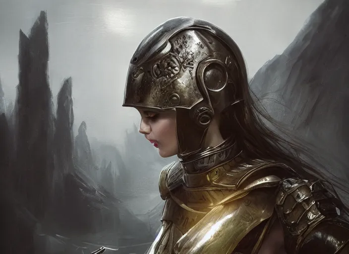 Image similar to landscape of a future city, a young english woman between the ages of 2 0 - 2 5 years, wearing armor and pointing a dagger, wearing a face full of anger. cinematic capture, dramatic condition, fine art, modern realism, sharp focus, good lighting, trending on artstation, trending on tiktok, smooth drawing, elegant, authoritative, without anomalies.