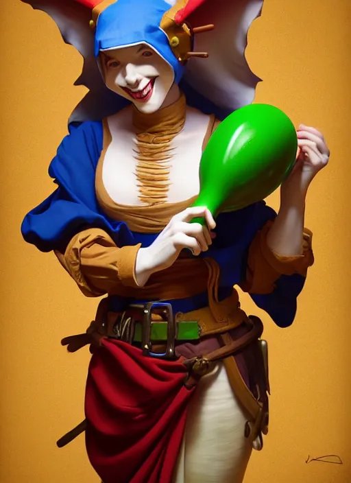 Image similar to jolly medieval jester holding maracas natural lighting, path traced, highly detailed, high quality, digital painting, by don bluth and ross tran and studio ghibli and alphonse mucha, artgerm