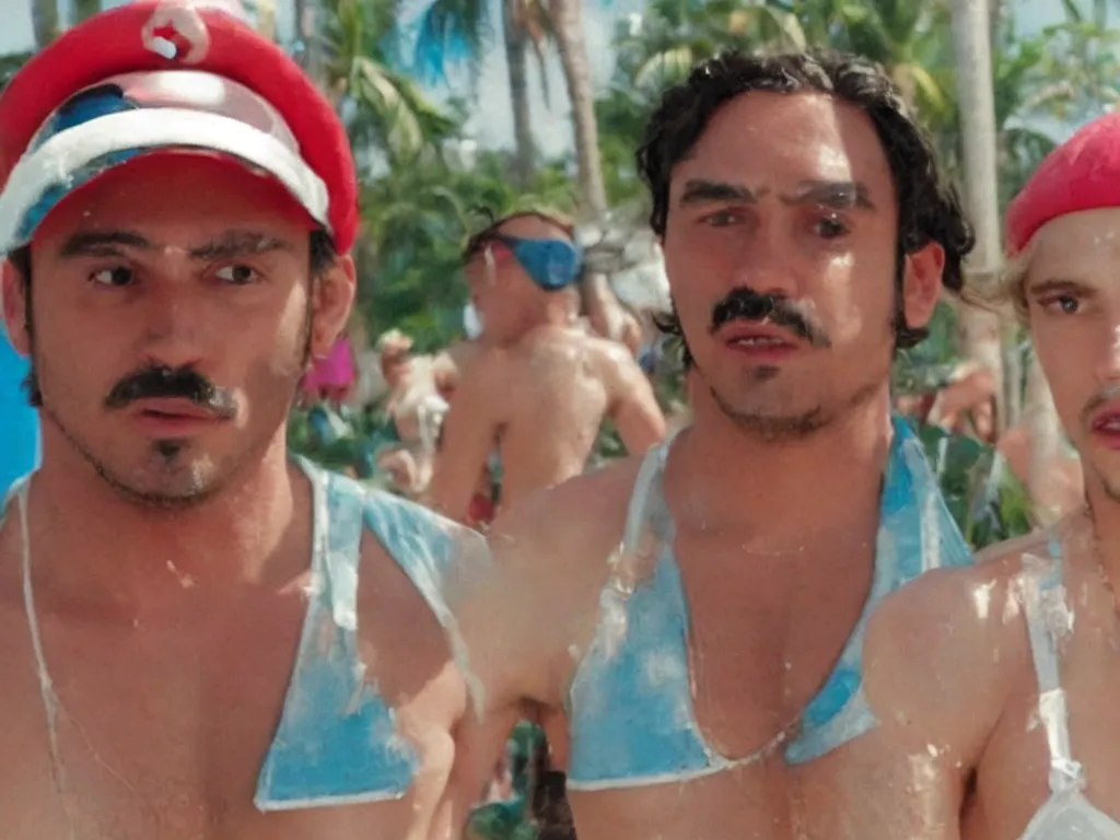 Image similar to Close up of mario in a hat in Harmony Korine Spring Breakers film aesthetic!!!