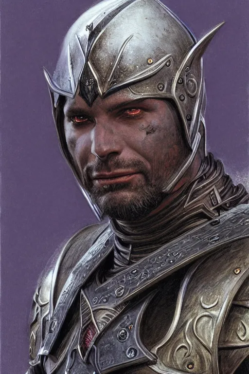 Prompt: head and shoulders portrait of an eldrich knight, drow, dark elf, shadar kai, breastplate, magical, male, high fantasy, d & d, by donato giancola, face details, extremely detailed, digital illustration