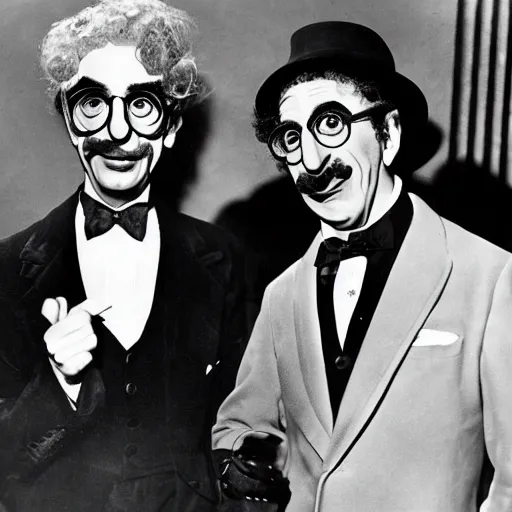 Image similar to harpo marx dines with groucho marx at a fancy restaurant