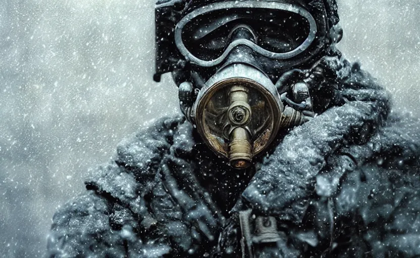 prompthunt: man wearing arctic clothing, hood, ski goggles, gas mask, and a  ballistic vest, in snow storm, apocalyptic.