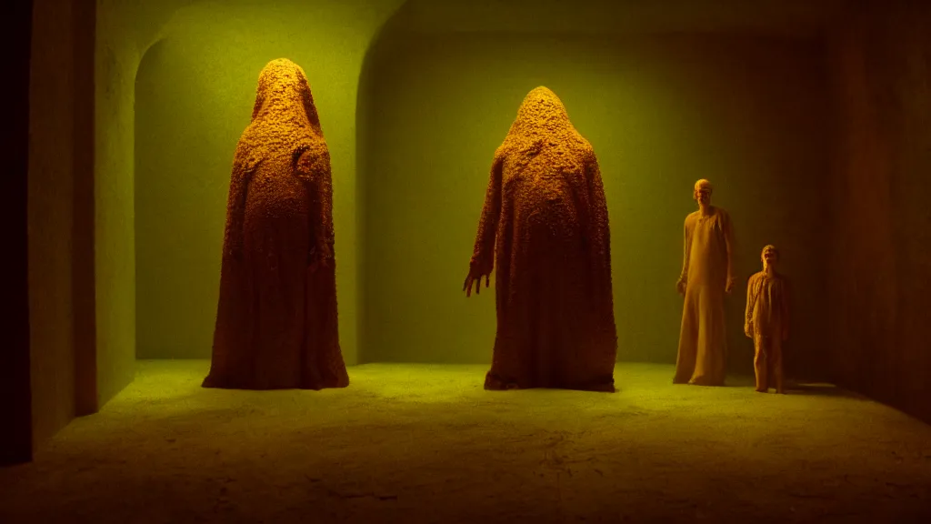 Image similar to the creature in the basement, made of glowing wax and ceramic, surrounded by friendly faces, film still from the movie directed by denis villeneuve and david cronenberg with art direction by salvador dali and zdzisław beksinski, wide lens