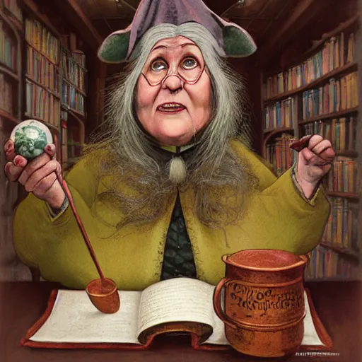 Prompt: Portrait of Nanny Ogg as a jovial, motherly professor in Hogwarts School of Witchcraft and Wizardry, detailed, hyperrealistic, colorful, cinematic lighting, digital art by Paul Kidby and Jim Kay