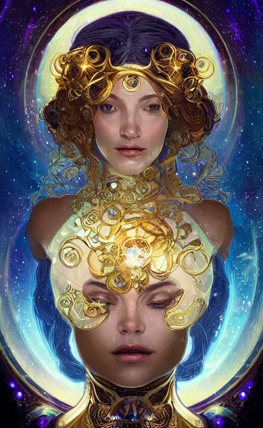 Image similar to portrait of a cosmic goddess, suit made out of stars and galaxies and cosmic energy, intricate, headshot, highly detailed, digital painting, artstation, concept art, sharp focus, cinematic lighting, illustration, art by artgerm and greg rutkowski, alphonse mucha, cgsociety