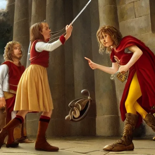 Prompt: hermione granger slapping asterix, oil painting, renaissance 4 k masterpiece