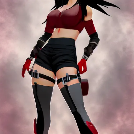 Image similar to full body shot of tifa lockhart with black hair, red eyes, concept art trending on artstation