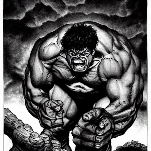 Image similar to Hulk by Kentaro Miura, highly detailed, black and white