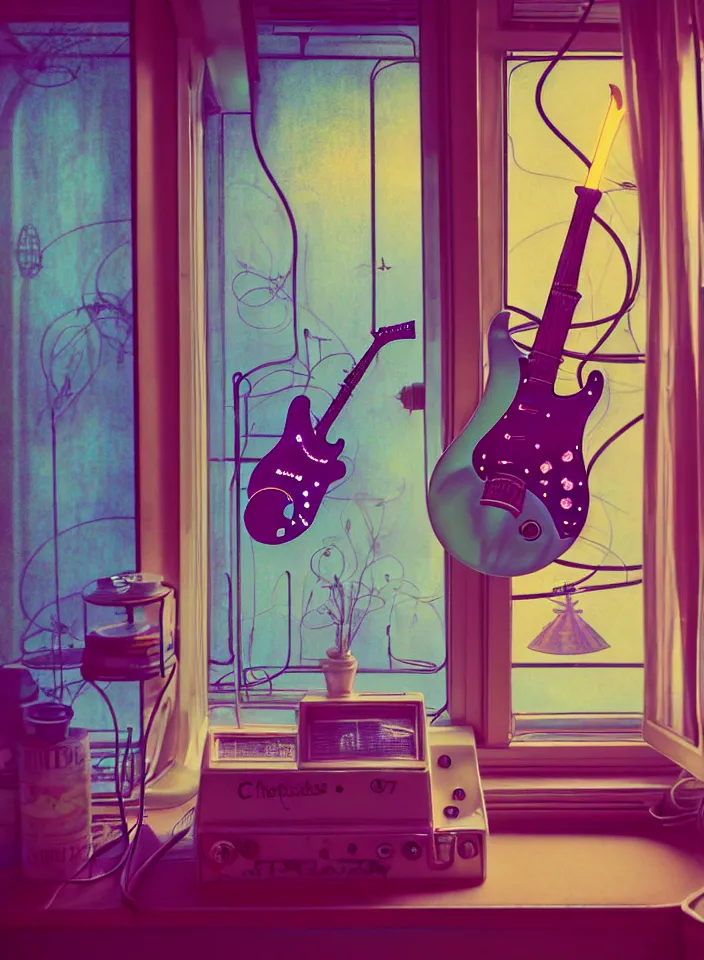 Image similar to telephoto 7 0 mm f / 2. 8 iso 2 0 0 photograph depicting the feeling of chrysalism in a cosy safe cluttered french sci - fi art nouveau cyberpunk apartment in a pastel dreamstate art cinema style. ( electric guitar ) ( ( fish tank ) ) ( ( clock ) ), ambient light.