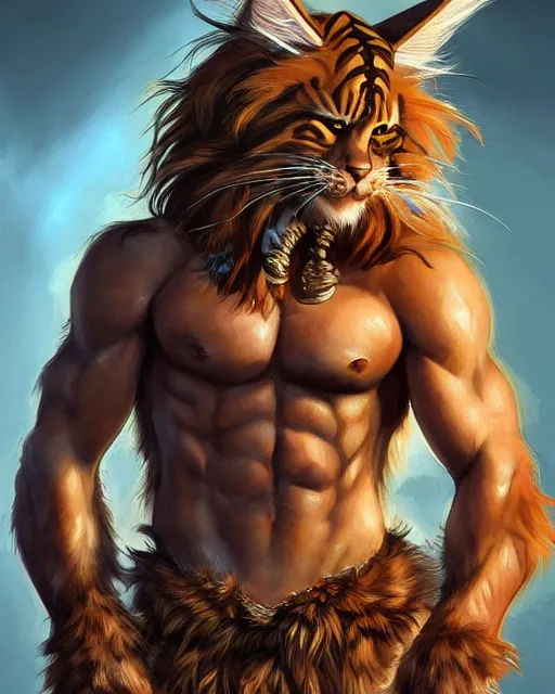 Image similar to portrait of a very cute fursona maine coon barbarian, muscular, wild, d & d, fantasy, intricate, full - length, cinematic lighting, highly detailed, digital painting, artstation, concept art, smooth, sharp focus, illustration, art by hajime sorayama