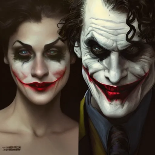 Image similar to [Rossi de Palma as the Joker, closeup, D&D, intricate, elegant, highly detailed, digital painting, artstation, concept art, matte, sharp focus, illustration, art by Artgerm and Greg Rutkowski and Alphonse Mucha]