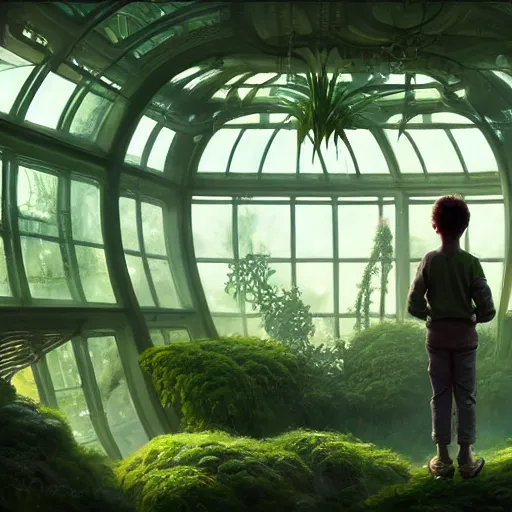 Prompt: , boy with grandma in scifi green house, spaceship, plants, stephen bliss, misty, unreal engine, pixar, fantasy art by greg rutkowski, loish, ferdinand knab, and lois van rossdraws, global illumination, radiant light, minimalist, detailed and intricate environment