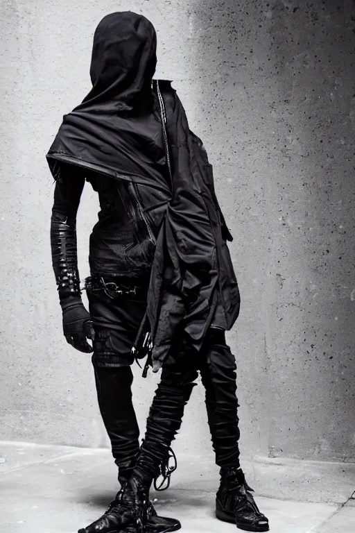 Image similar to goth techwear look and clothes, we can see them from feet to head, highly detailed and intricate, hypermaximalist, futuristic, luxury, Rick Owens, Errolson Hugh, Yohji Yamamoto, Y3, ACRNYM, cinematic outfit photo