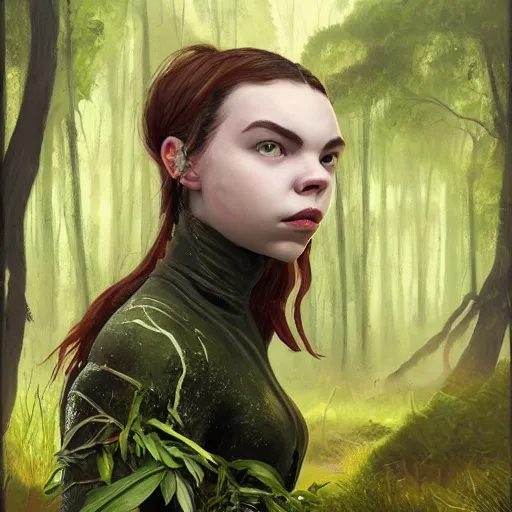 Image similar to fantasy portrait of a bald-headed girl in the style of Anya Taylor with black scars on her face, swamp vegetation in the backround, nocturnal palette, art by Greg Rutowski, Raphael Lacoste, Eddie Mendoza