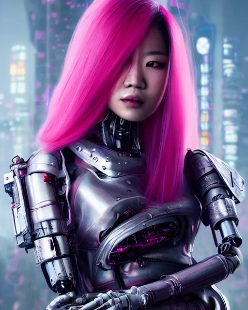 Image similar to portrait of a beautiful asian woman with pink hair as a cyberpunk cyborg half robot, sci - fi, missing panels, intricate abstract upper body intricate artwork, concept art, octane render, deviantart, cinematic, key art, hyperrealism, iridescent accents, portrait photograph, nikon 3 5 mm, photograph by greg rutkowski