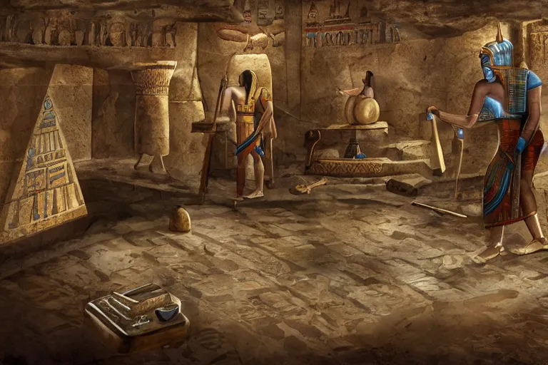 Prompt: ancient egyptian gaming setup, 4 k, hd, concept art