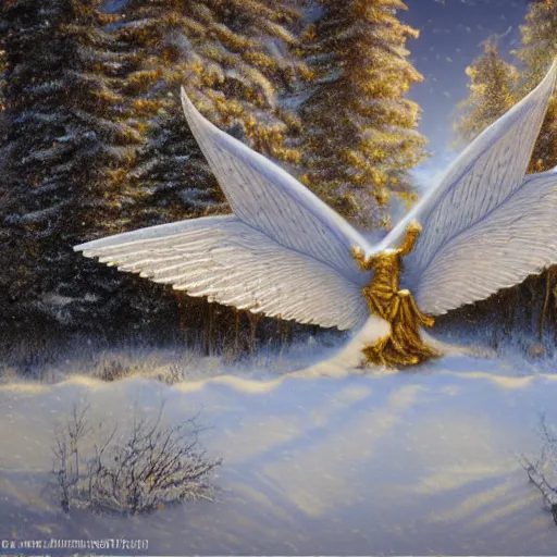 Prompt: winged valkyrie, snowy ground, realistic, golden light