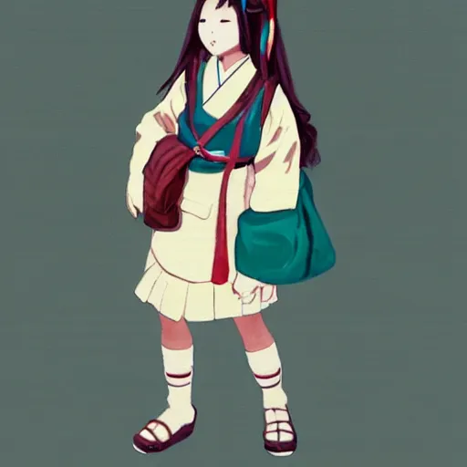 Image similar to a painting of Japanese schoolgirl, clothed, concept art