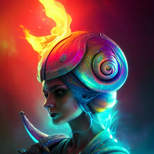 Image similar to beautiful colorful snail, magic of fire and magic of ice. intricate portrait, occult cyberpunk, ancient futuristic, dark art, occult. by Petros Afshar, by artgerm, by Eddie Mendoza, by Peter mohrbacher, octane render, 3d, unreal engine, depth of field, bokeh, motion blur, blur