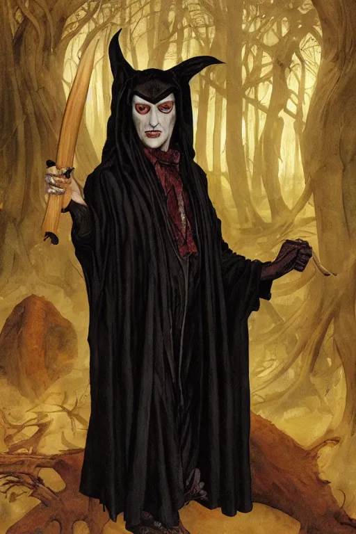 Image similar to a vampire wearing a long black robe with large bat ears huge black eyes and gray skin, character art, painting by james c christensen