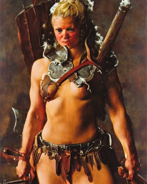 Image similar to portrait of a beautiful savage muscular barbarian female with light leather armor, by norman rockwell