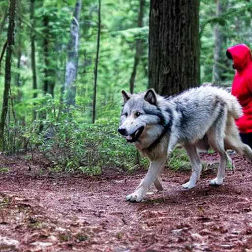 Image similar to a ninja timber wolf stalks [ a blonde teenage girl wearing a red hoodie ] in the forest