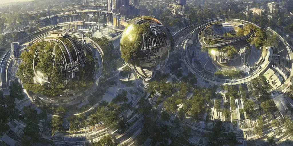 Image similar to a solarpunk city and park with a glorious spherical sci-fi building at its centre, bright and sunny day, Greg Rutkowski and Ivan Shishkin