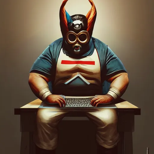 Image similar to an insanely detailed painting of a chubby nerdy asian man wearing a homemade superhero costume and mask, sitting at a computer desk typing on the keyboard, in the style of peter mohrbacher, dramatic lighting and composition, trending on artstation, concept art, comic book, graphic novel, back view