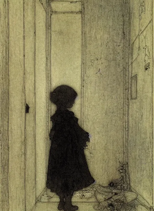 Prompt: little girl in a room by john bauer, arthur rackham