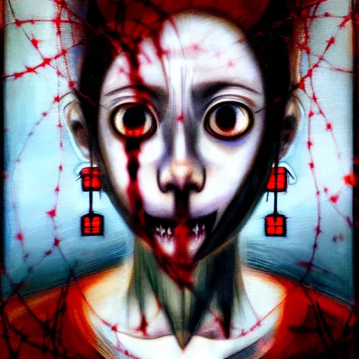 Prompt: yoshitaka amano blurred and dreamy realistic three quarter view horror portrait of a sinister young woman with short hair, big earrings, barbed wire and red eyes wearing office suit with tie, junji ito abstract patterns in the background, satoshi kon anime, noisy film grain effect, highly detailed, renaissance oil painting, weird portrait angle, blurred lost edges