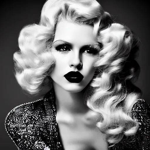 Prompt: stunning black and white portrait of a beautiful blonde woman by kenneth willardt. long curly glossy hair and makeup. vintage glamour. shiny dark lips. fashion photography.