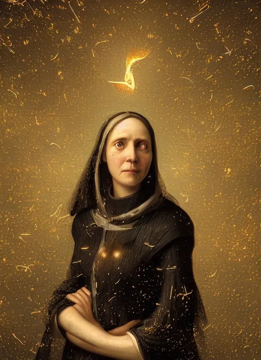 Image similar to portrait of a women with no vision who invented time surrounded by dreams made from fireflies, modern fine art, fractal, intricate, elegant, highly detailed, digital photography, subsurface scattering, by jheronimus bosch and greg rutkowski,