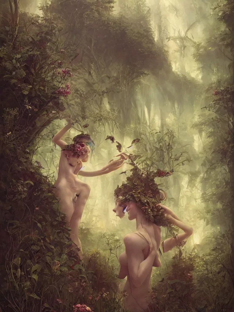 Image similar to a solarpunk very very very beautiful lush landscape of a the most beautiful nymph in a field are of broken stone words, hyperrealistic, award-winning, masterpiece, in the style of Tom Bagshaw, Cedric Peyravernay, Peter Mohrbacher