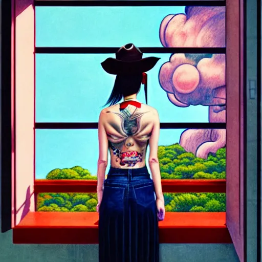 Prompt: full view, from a distance, of taiwanese girl with tattoos, wearing a cowboy hat, standing at the window, style of yoshii chie and hikari shimoda and martine johanna and edward hopper, highly detailed